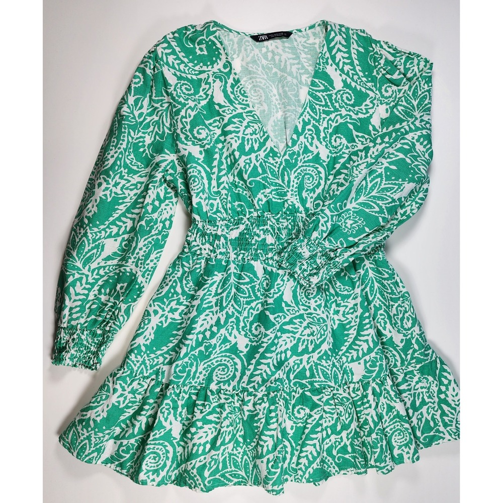 Zara Women's Linen Boho Paisley Cottagecore Resort Mini Dress Size XL - Picture 2 of 10
